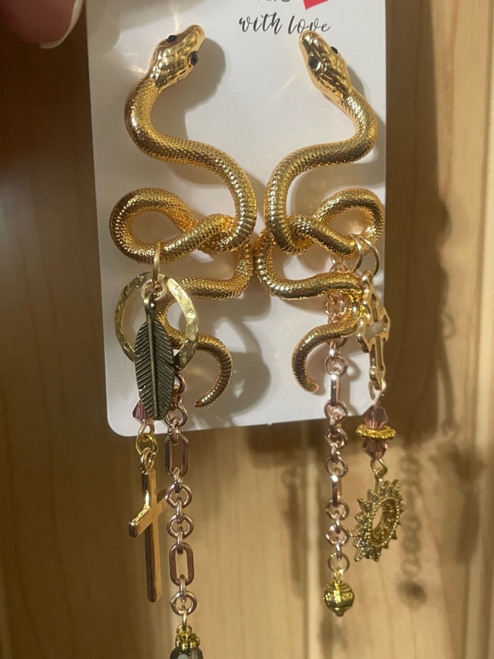 Hand Crafted Gold Snake Dangle Earrings with Cross & Sun Charms - Picture 4 of 7